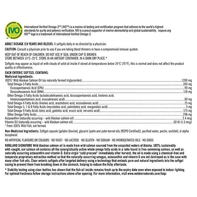 Kirkland Signature 100% 野生阿拉斯加三文鱼油, 1200毫克,320粒