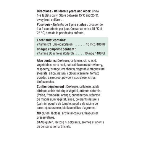 Jamieson Kid's Vitamin D 400 IU, Panda-shaped Strawberry flavour 100 tablets ingredients