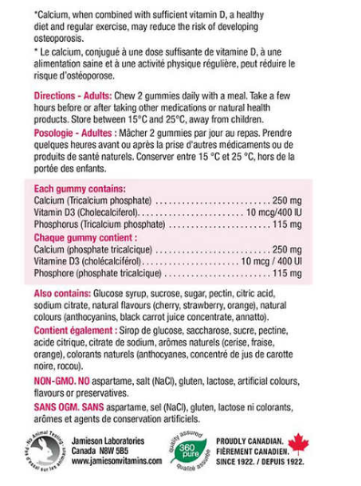 Jamieson Calcium + Vitamin D3 Gummies, 110 Gummies ingredients 健美生