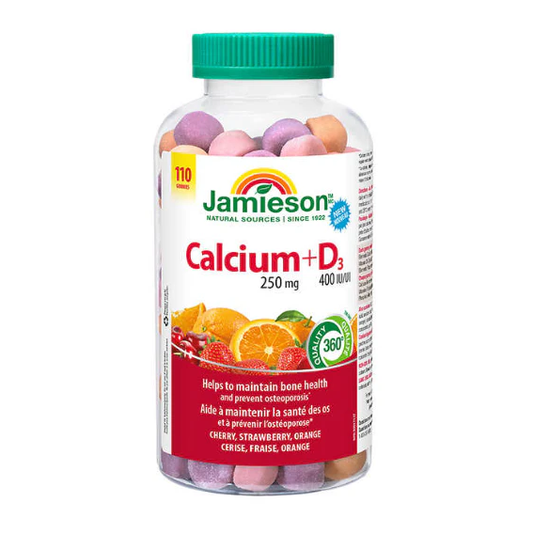 Jar of Jamieson Calcium + D3 supplement with colorful gummies on a white background natvd natural vitamin direct