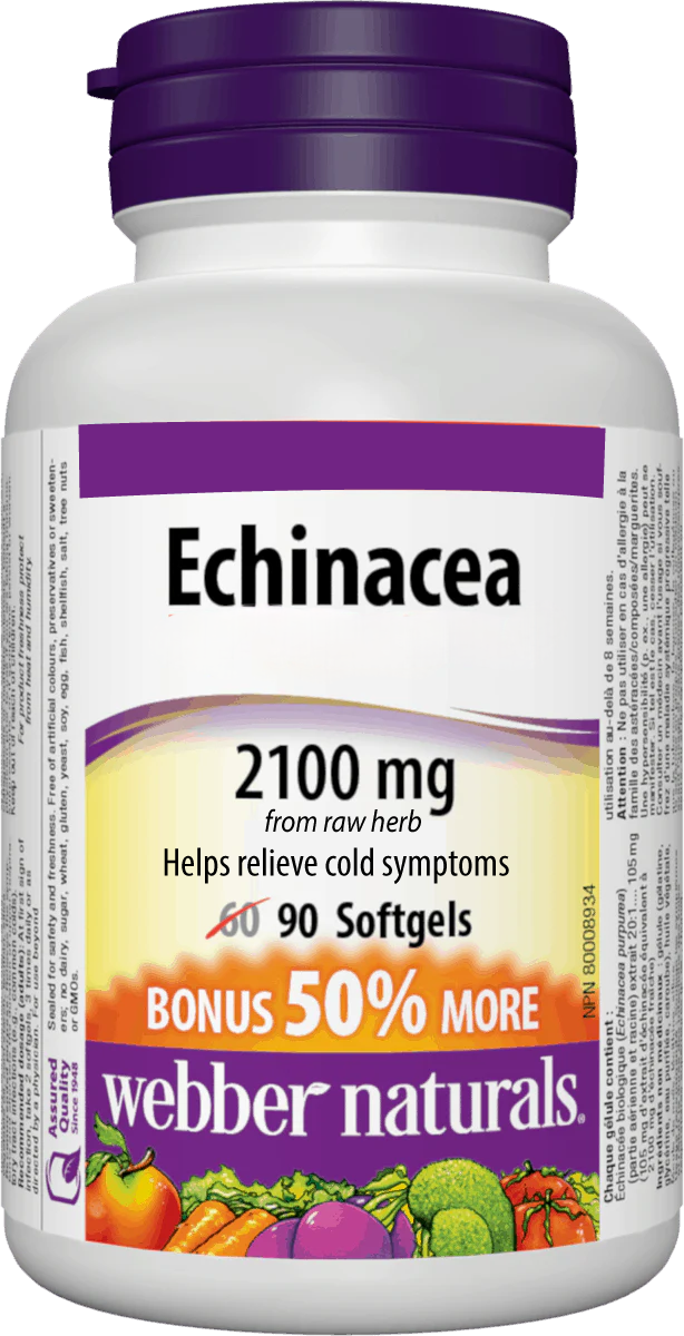 Webber Naturals Echinacea Standardized Herb 8:1 Extract, 2100mg, 90 Softgels Bonus