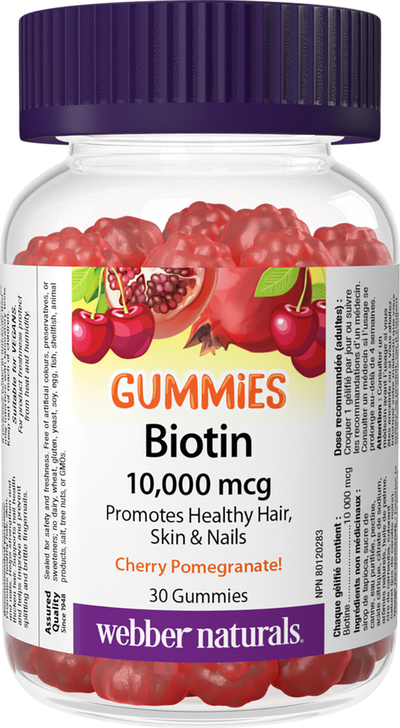 Webber Naturals Biotin Gummies ,10,000 mcg Cherry Pomegranate, 30's