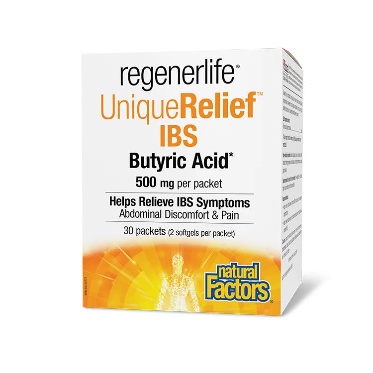 Regenerlife UniqueRelief IBS Butyric Acid supplement box on a white background