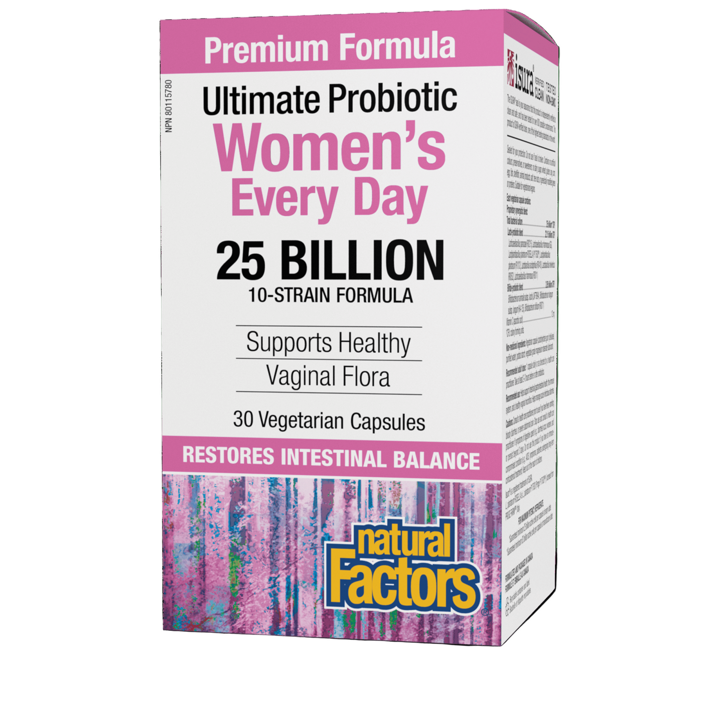 Box of Natural Factors Women's Every Day Probiotic 25 Billion with 30 VCaps. The packaging is pink and white with product information and branding visible.