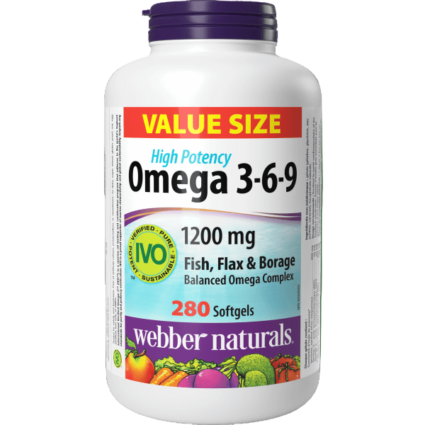 Webber Naturals Omega 3-6-9 1200 mg Softgels Fish, Flax & Borage 280 softgels (Value Size) Canadian label