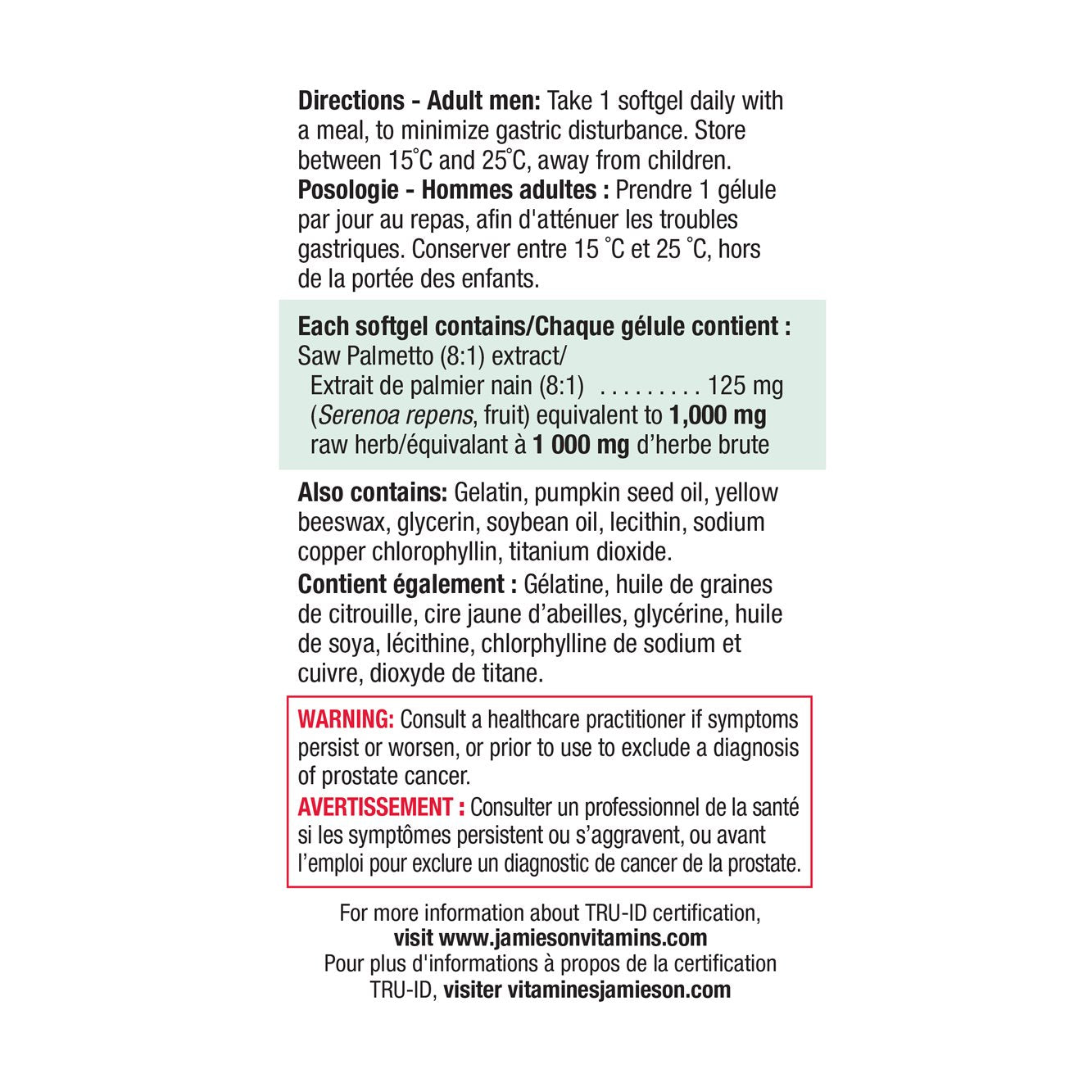 健美生 Jamieson Saw Palmetto 30+30 BONUS softgels information Canada