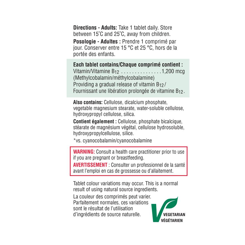 健美生 Jamieson Vitamin B12 Methylcobalamin Timed Release 60 + 20 tablets ingredient information panel