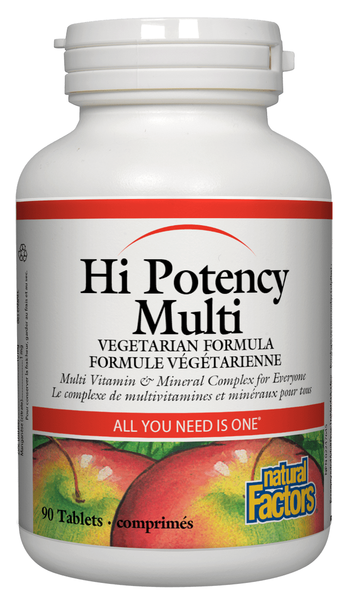 A bottle of Natural Factors Hi Potency Multi, a vegetarian formula dietary supplement with a white and red label, containing 90 tablets.
