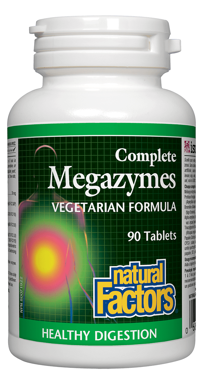 Bottle of Natural Factors Complete Megazyme, Vegetarian Formula, with 90 tablets for digestive health.