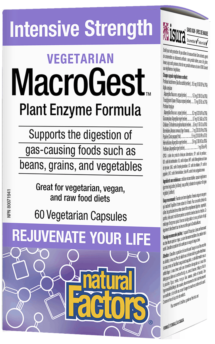 Box of Natural Factors Vegetarian MacroGest Intensive Strength, featuring 60 vegetarian capsules for digestive support with a focus on beans, grains, and vegetables.