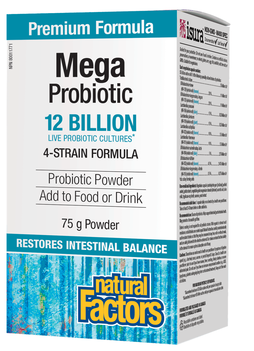 A box of Natural Factors Mega Probiotic Powder, which is a dietary supplement containing 12 billion live probiotic cells per serving. The packaging is white and blue with text detailing the product's benefits and contents (75 g powder).