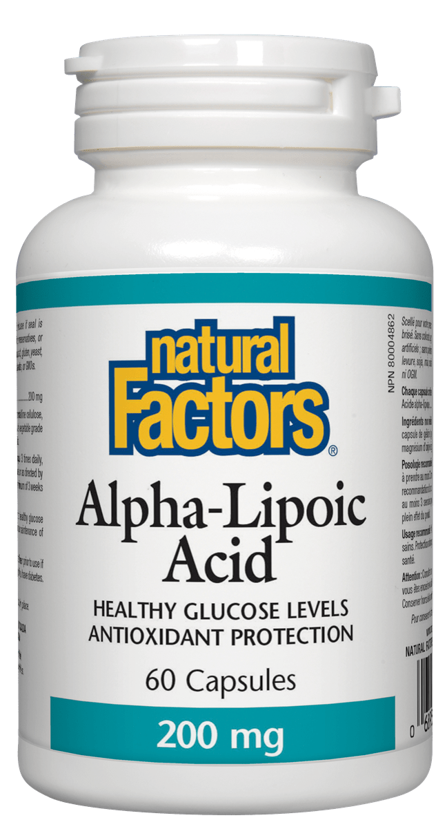 A bottle of Natural Factors Alpha Lipoic Acid, with the label indicating it contains 60 capsules, 200 mg per capsule, and is an antioxidant that helps protect blood sugar levels.