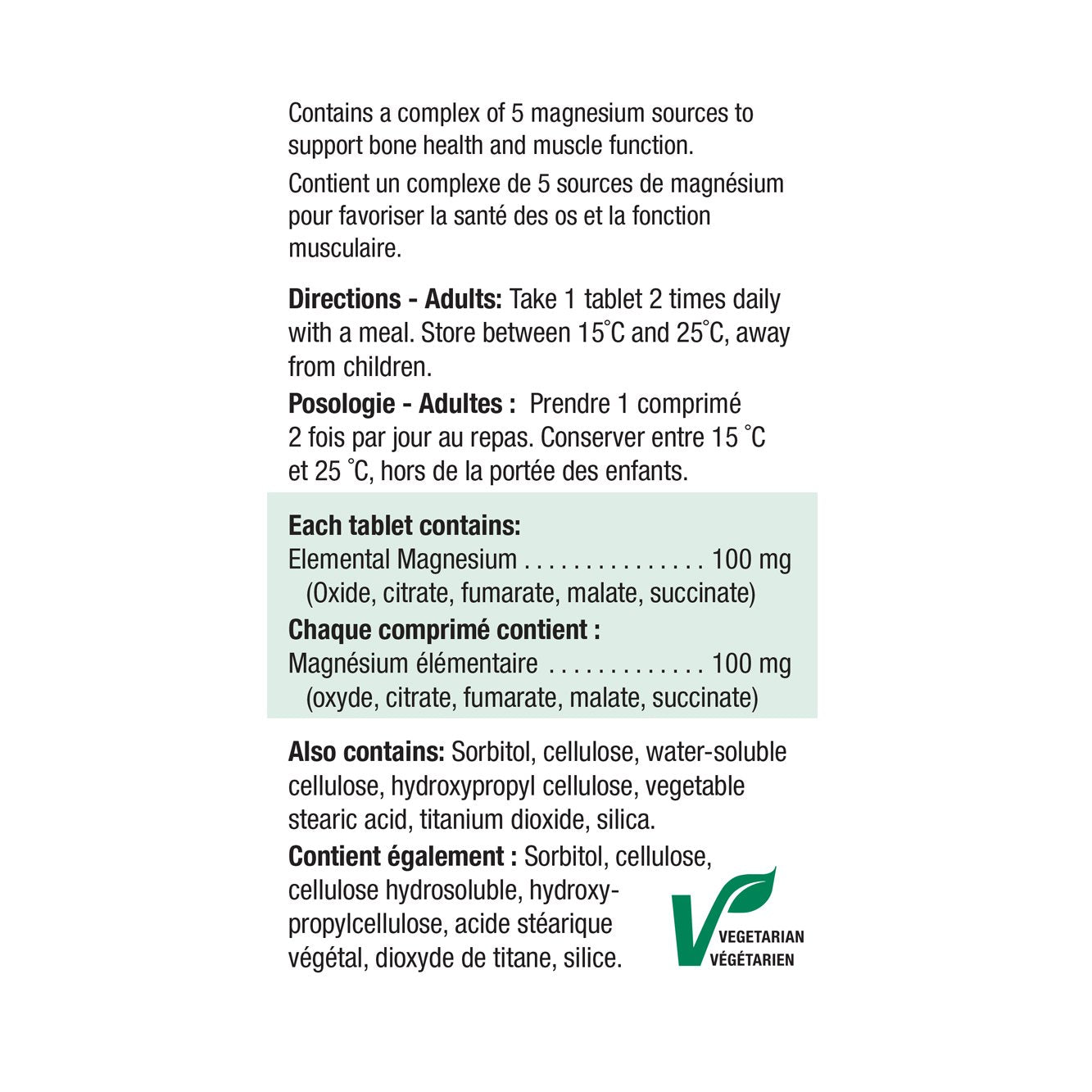 Jamieson Magnesium 100mg Extra Strength, 100 tabs ingredients