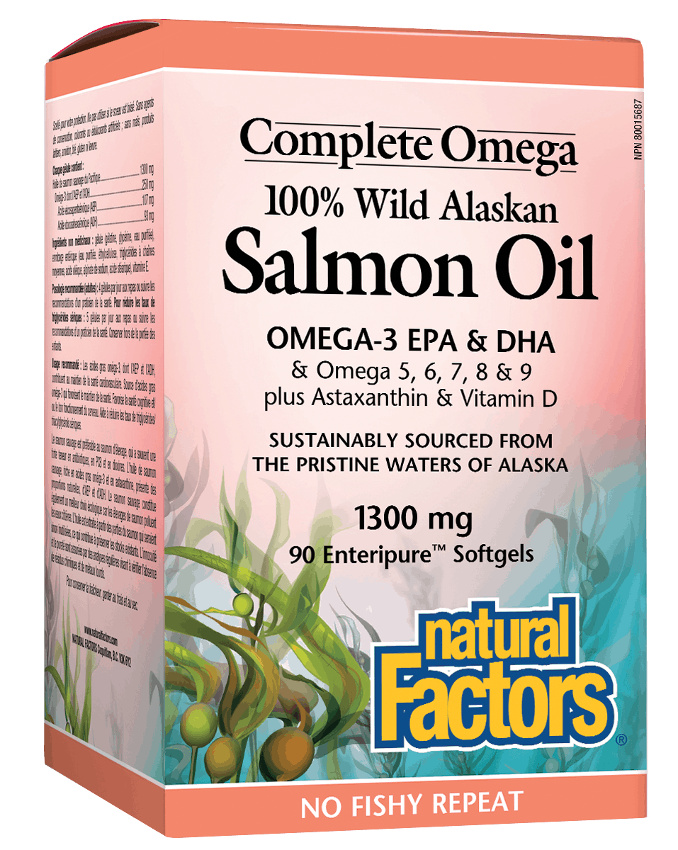 Packaging of Natural Factors 100% Wild Alaskan Salmon Oil, showing a pink and green design with text and a picture of salmon.