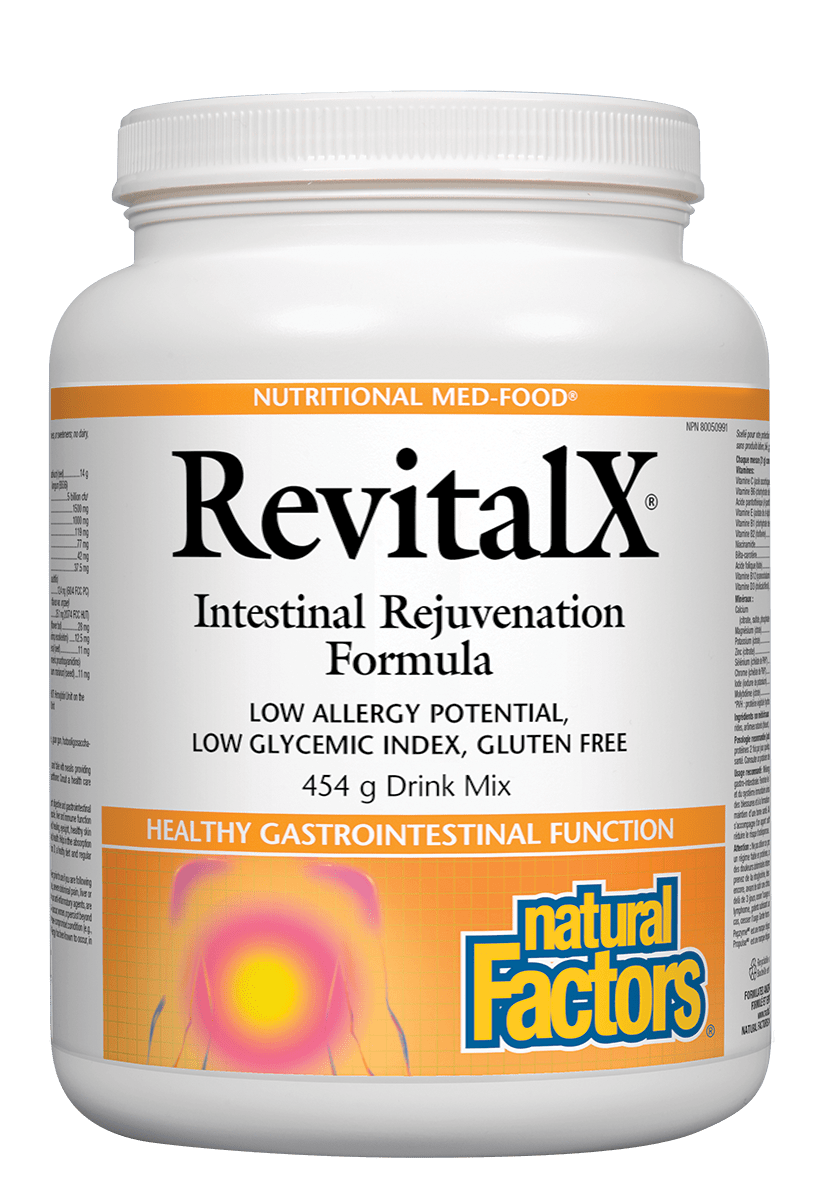A container of Natural Factors RevitalX Intestinal Rejuvenation Formula, which is a nutritional supplement designed to support the digestive system.