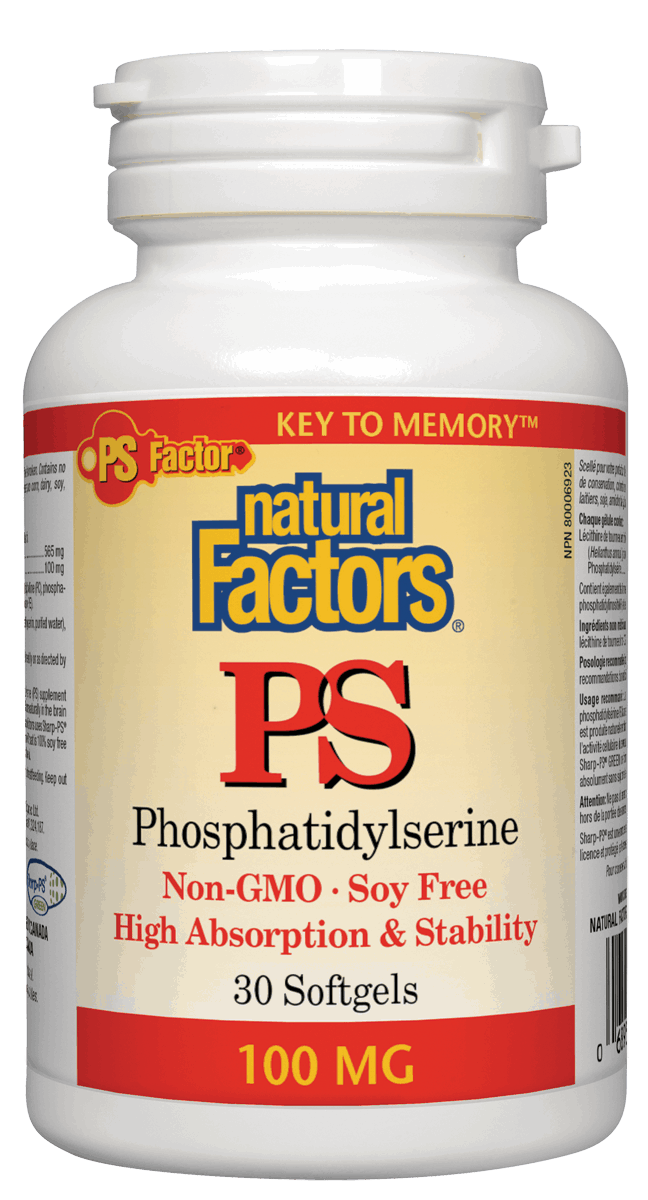 A bottle of Natural Factors Phosphatidylserine PS, containing 30 softgels, with labels indicating non-GMO and soy-free attributes.