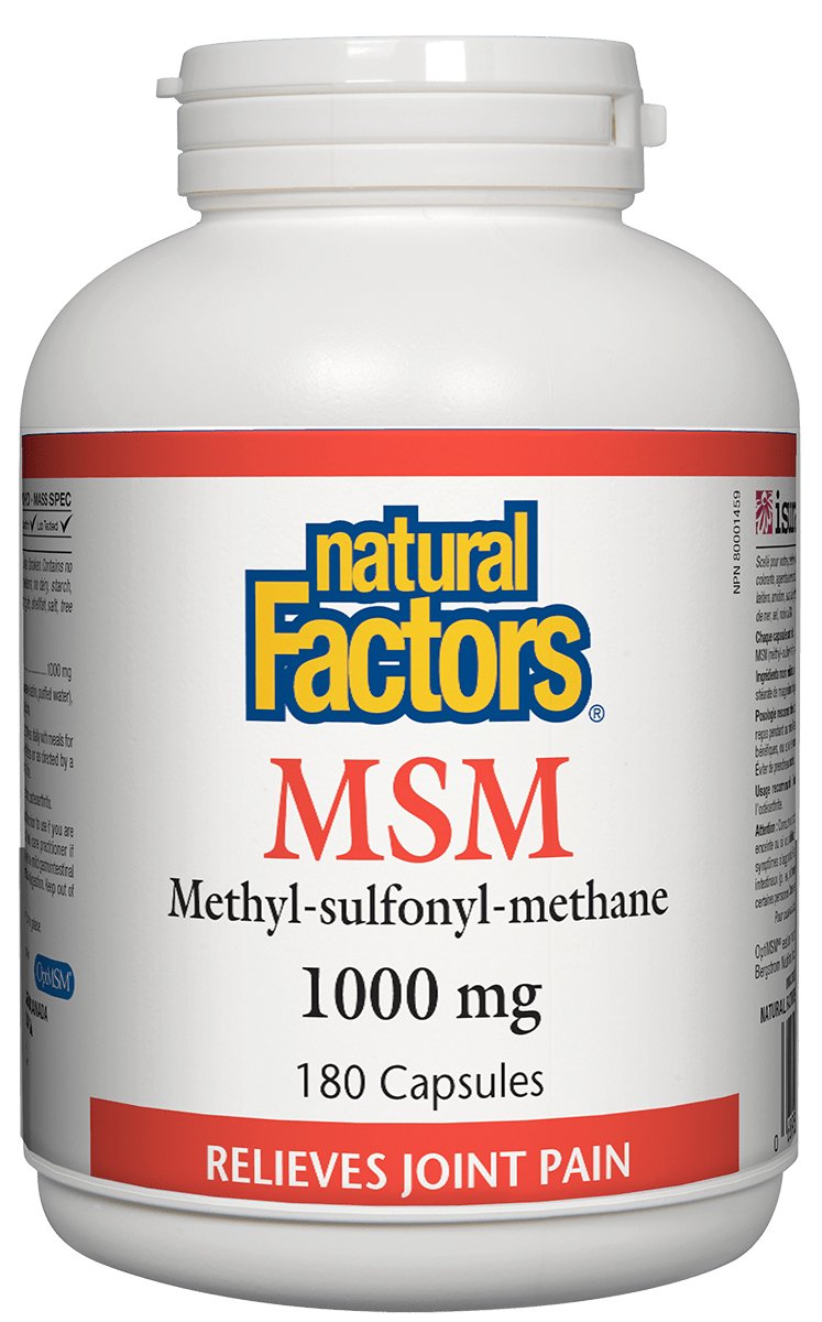 A bottle of Natural Factors MSM 1000mg capsules with 180 capsules.