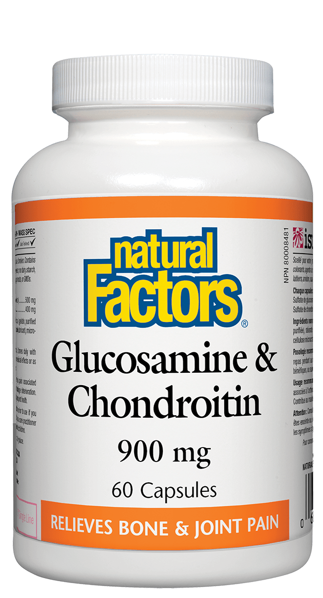 Bottle of Natural Factors Glucosamine and Chondroitin, 900 mg, with 60 capsules, packaging primarily white and orange with product information.