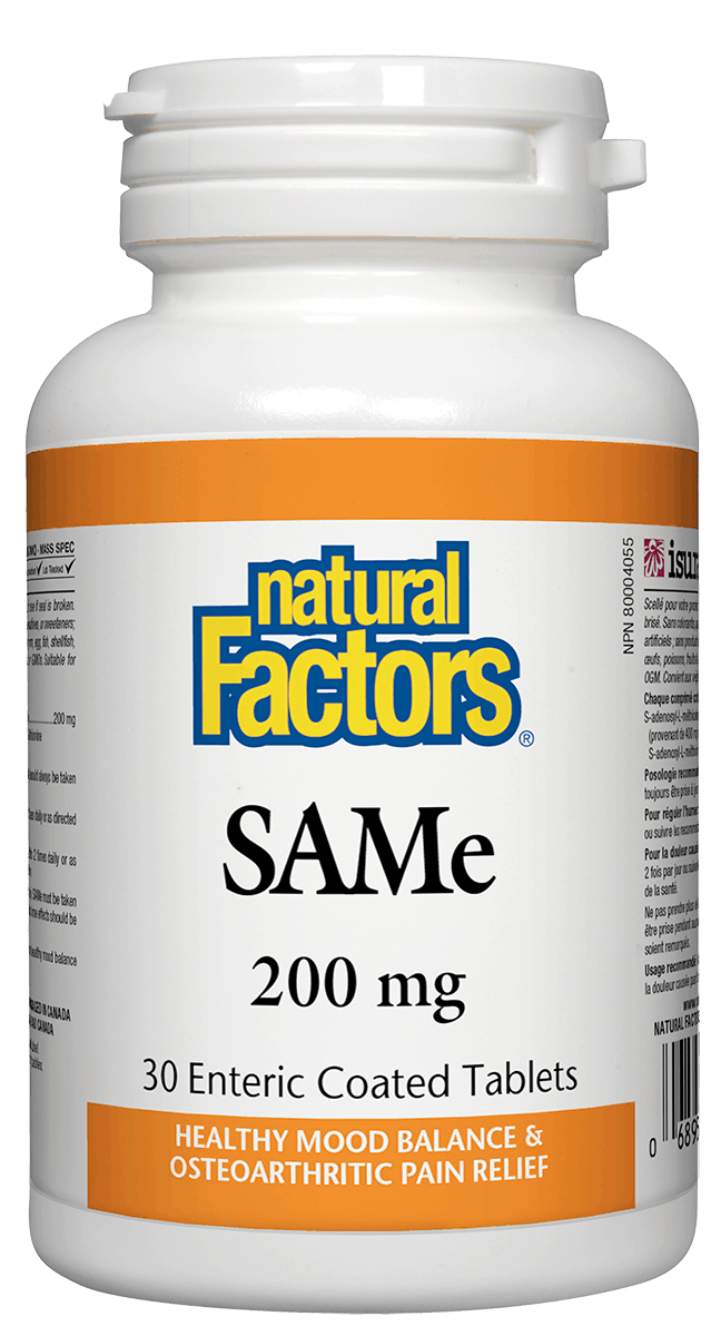A bottle of Natural Factors SAMe 200 mg with 30 enteric coated tablets for healthy mood balance and osteoarthritic pain relief.