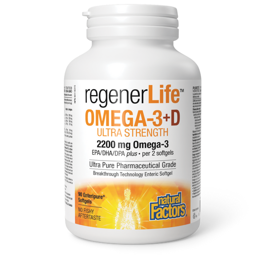 A bottle of Natural Factors RegenerLife Omega-3+D Ultra Strength, containing 90 Enteripure softgels for joint and cardiovascular health.