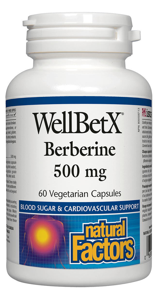 A bottle of Natural Factors WellBetX Berberine 500 mg with 60 vegetarian capsules.