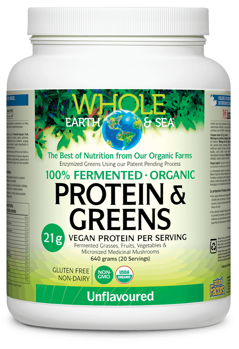 A container of Natural Factors Fermented Organic Protein & Greens with the label showing 'Whole Earth & Sea' and '100% Fermented. Organic.