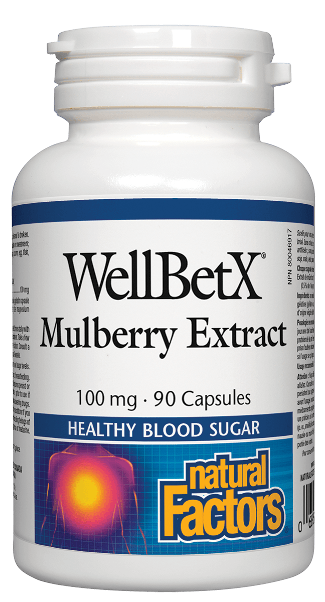 A bottle of Natural Factors WellBetX Mulberry Extract, containing 90 capsules, each with 100 mg of mulberry extract.