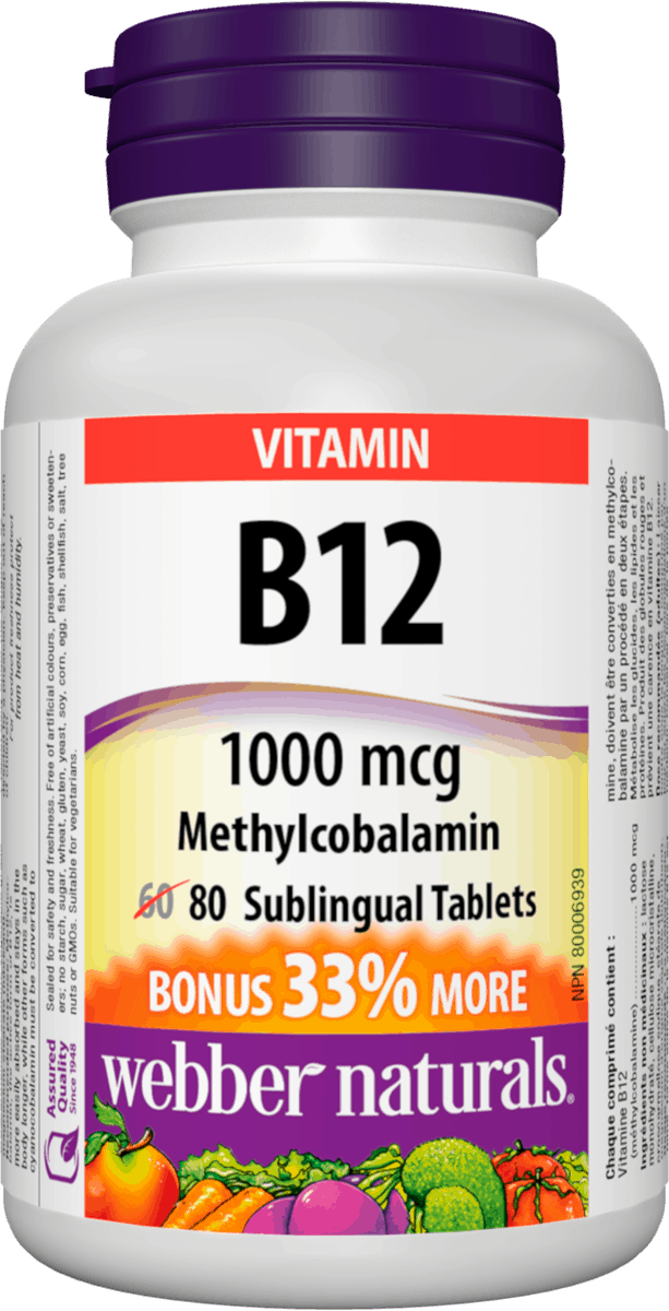 Webber Naturals B12, 1000 mcg Sublingual (Methylcobalamin), 80 Tablets Bonus Pack