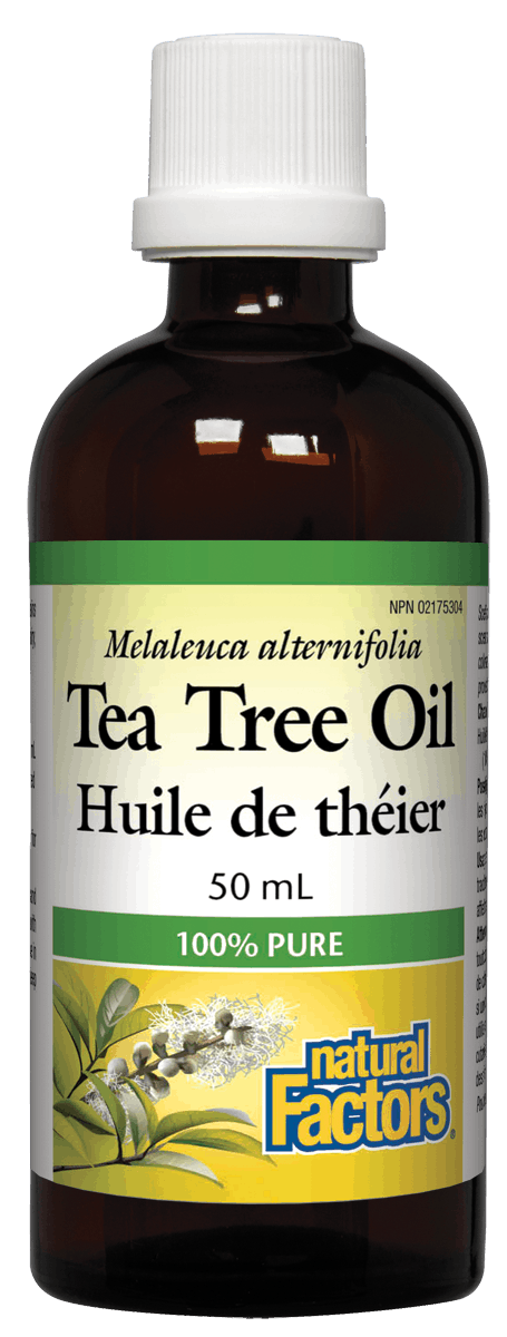 A bottle of Natural Factors Tea Tree Oil, 50 mL size, with label information in French.