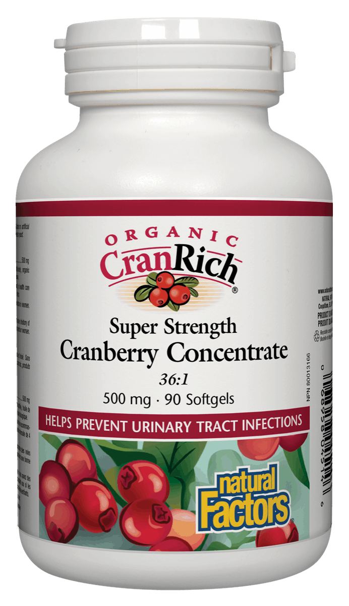 A bottle of Natural Factors Organic CranRich Super Strength Cranberry Concentrate with 90 softgels, each containing 500 mg of cranberry extract.