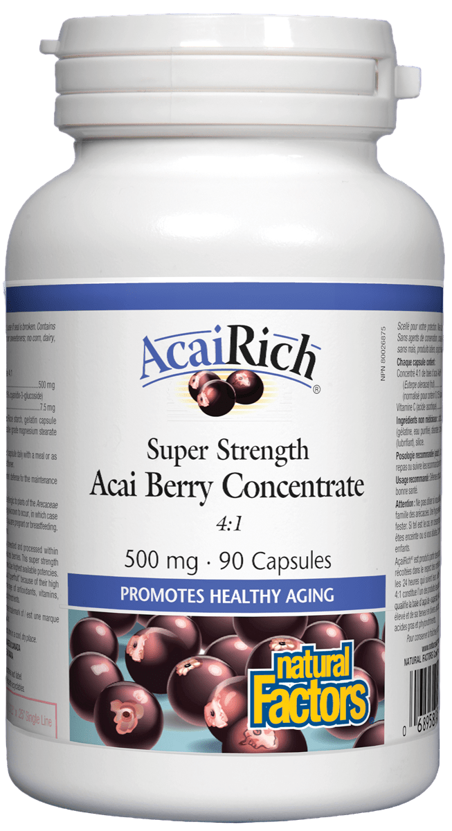 A bottle of Natural Factors AcaiRich, 500mg, 90 caps, super strength acai berry concentrate. Canadian label sold by natvd.com