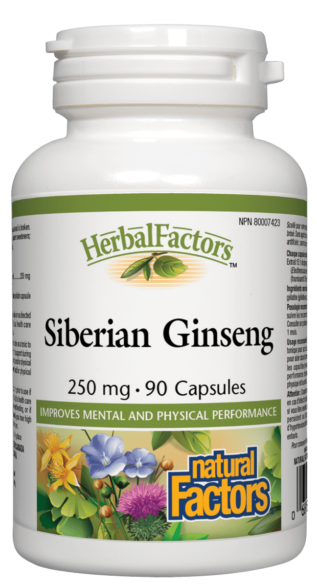 A bottle of Natural Factors Siberian Ginseng 250 mg, containing 90 capsules, with a green and white label displaying the product name and dietary supplement information.
