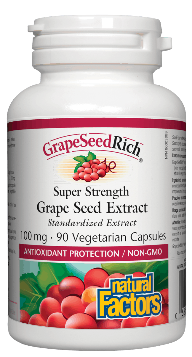 Bottle of Natural Factors Grape Seed Extract with 90 vegetarian capsules, 100mg per capsule.