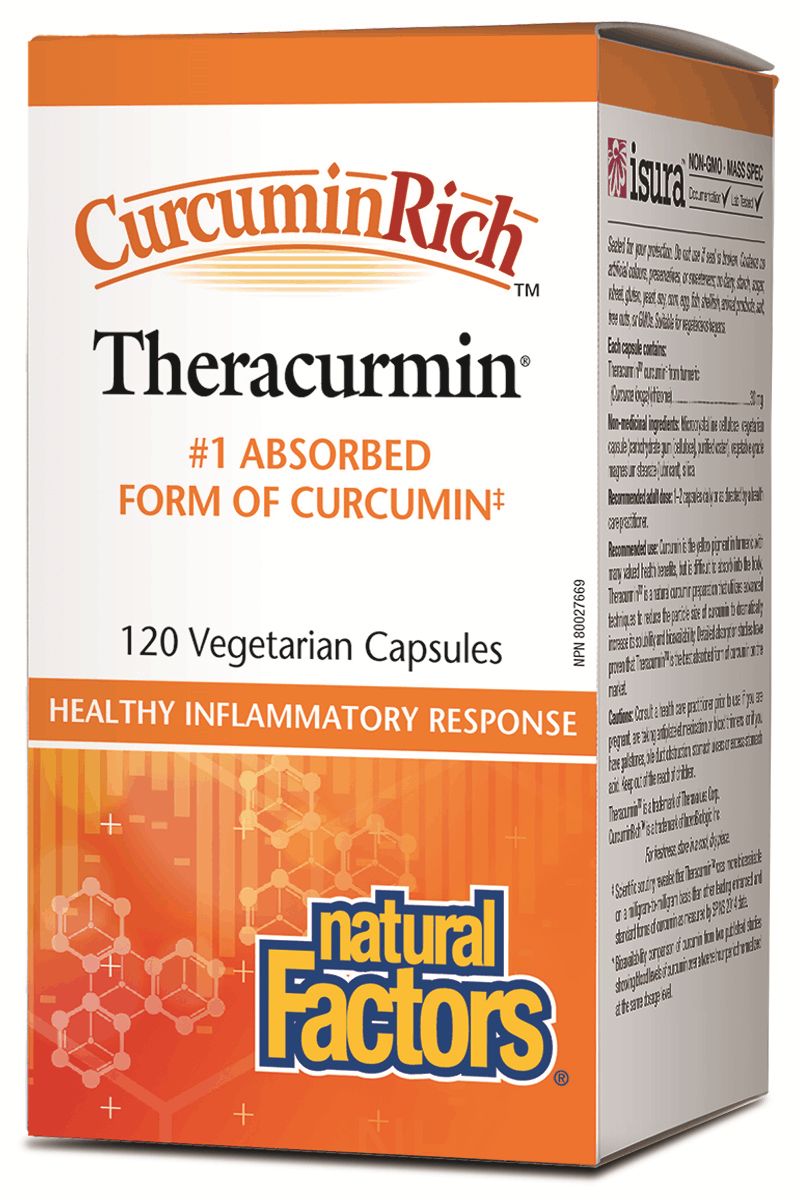 Box of Natural Factors CurcuminRich Theracurmin, 30mg, 120 vegetarian capsules for healthy inflammation response.