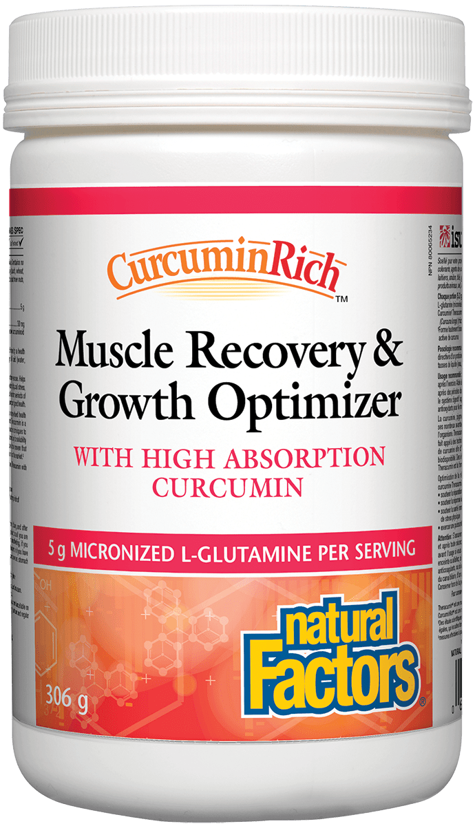 A plastic container of Natural Factors Muscle Recovery & Growth Optimizer with high-absorption curcumin. The label is red and white with an image of a sports person, indicating the product's benefits for muscle and immune system recovery.
