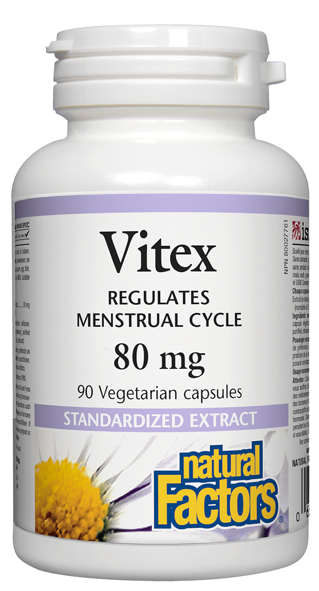 A bottle of Natural Factors Vitex Standardized Extract, 80 mg, with 90 vegetarian capsules. The label indicates the product is used to regulate menstrual cycle.