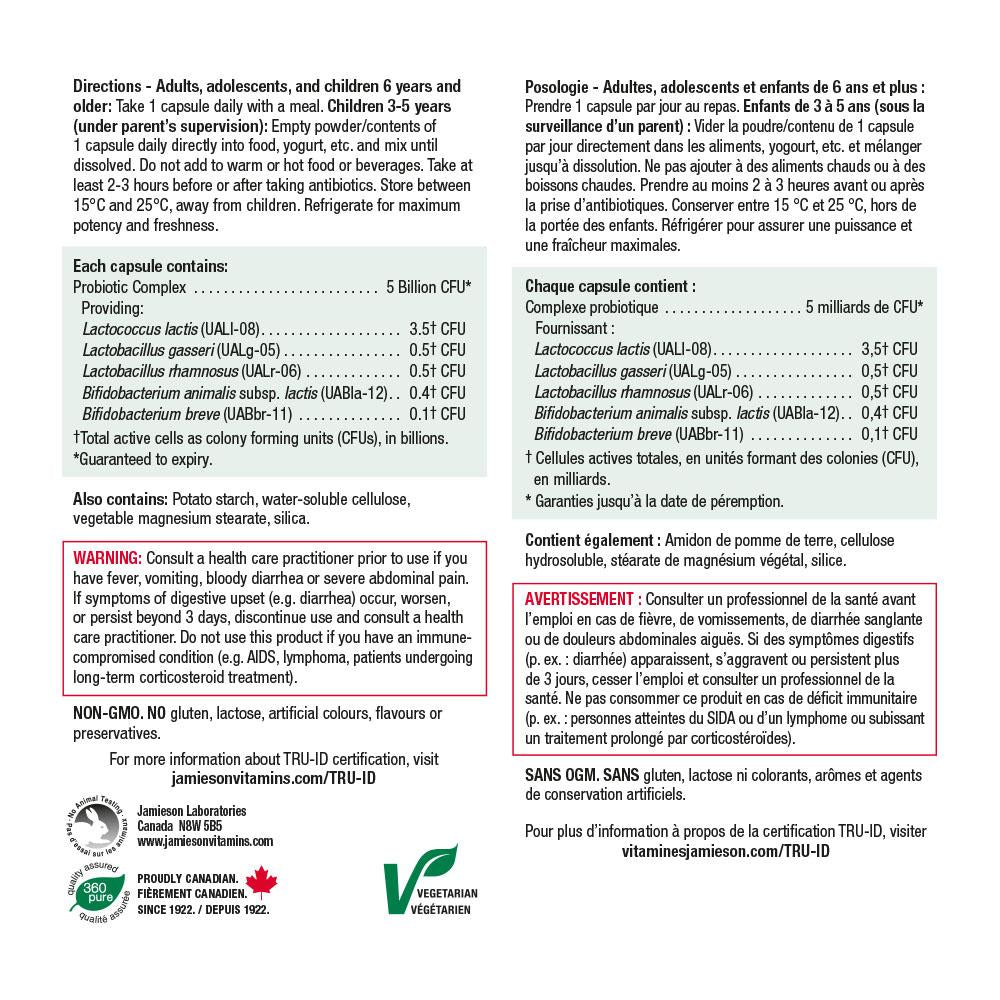 健美生 Jamieson Probiotic 5 Billion, 60 + 12 vegetarian caps information panel photo