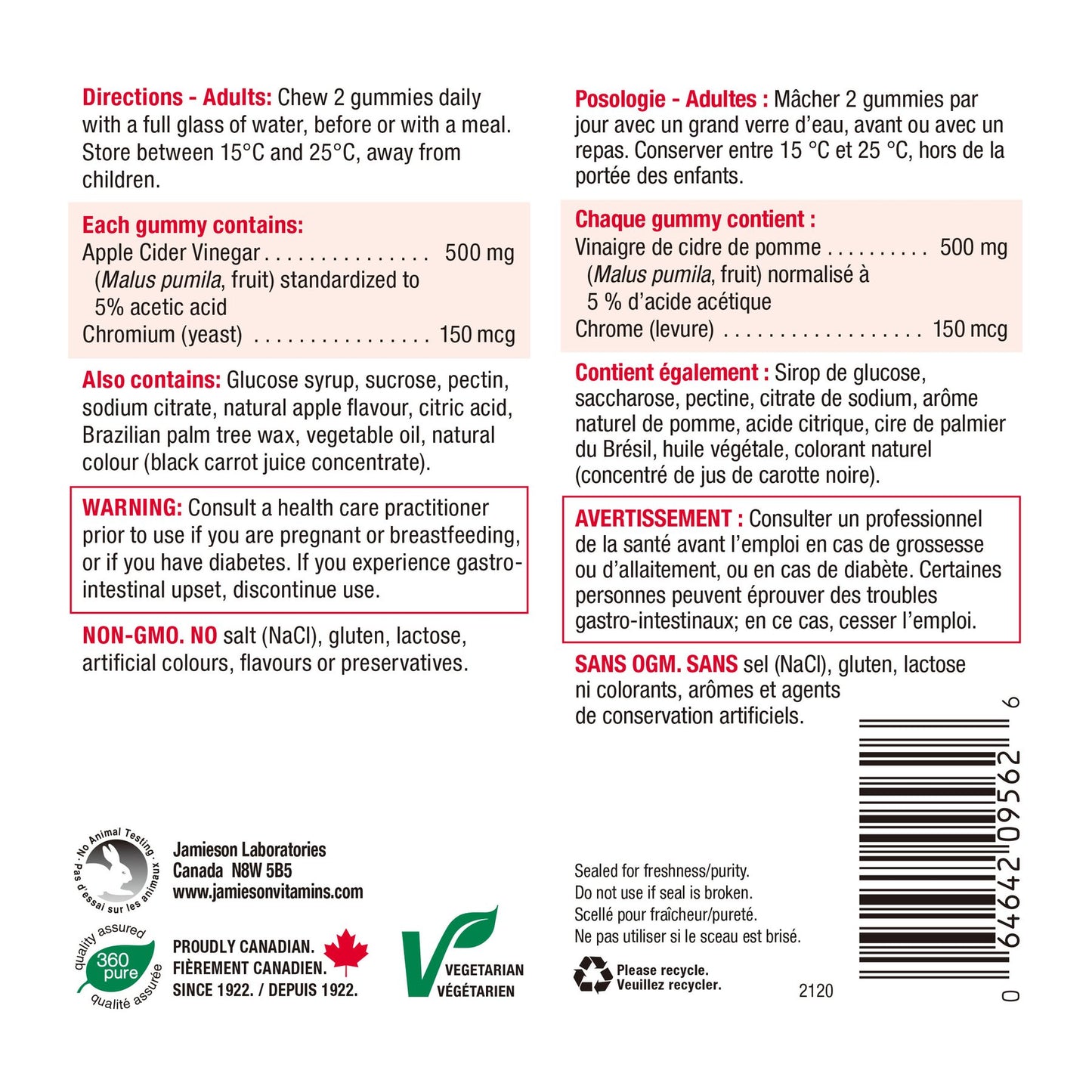 Jamieson Apple Cider Vinegar Gummy, 60 gummies 健美生 ingredients