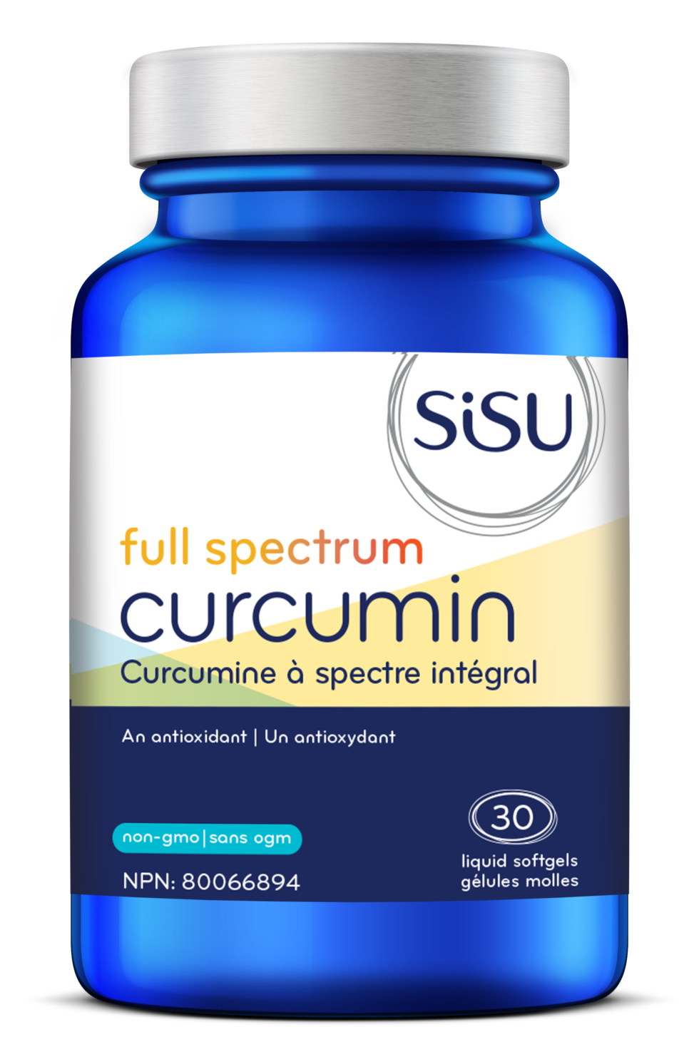 A bottle of SISU Full Spectrum Curcumin, with the text highlighting it contains 30 softgels and is an antioxidant.