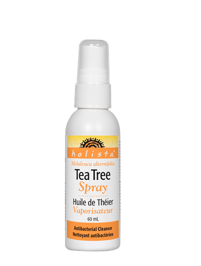 A bottle of Holista Tea Tree Oil Spray with Peppermint Oil, 60mL, with a white spray nozzle. natvd.com Canada