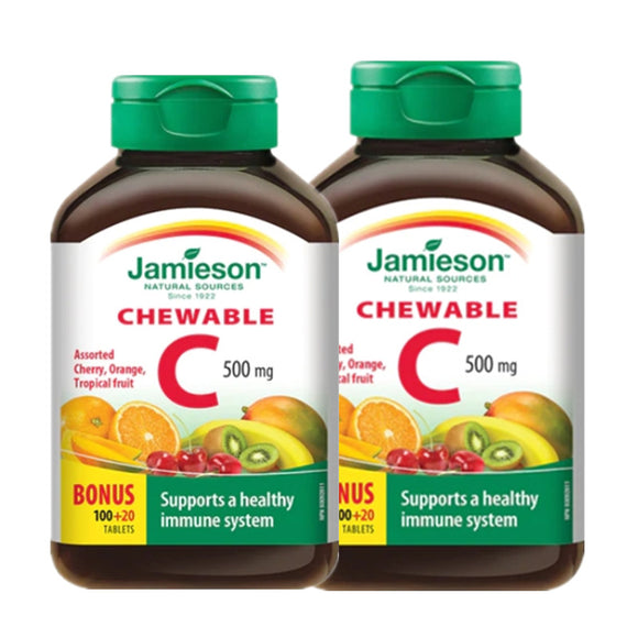 【優惠組合】2瓶 x Jamieson 維生素 C 咀嚼片，組合口味（櫻桃、熱帶和濃郁橙），500 毫克，120 片