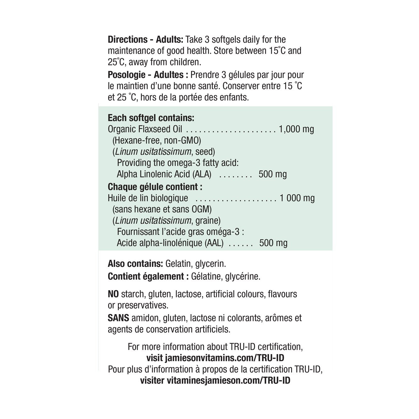 健美生 Jamieson Flaxseed Oil, 1,000mg, 180 + 20 BONUS softgels ingredients