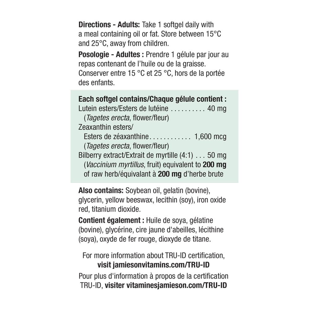 Jamieson Lutein 40mg Ultra Strength 60 softgels ingredients