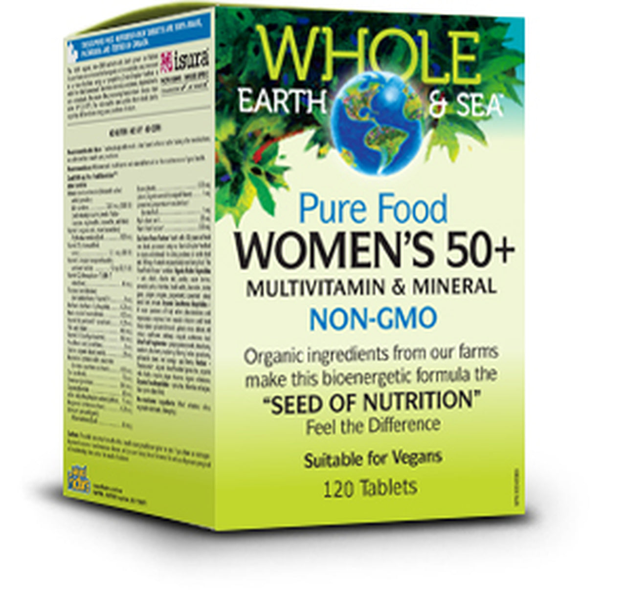 Box of Natural Factors Whole Earth & Sea Women's 50+ Multivitamin and Mineral supplements with 120 tablets. The packaging is predominantly green with an image of a Earth and a sea, and text detailing the product's features and target audience.