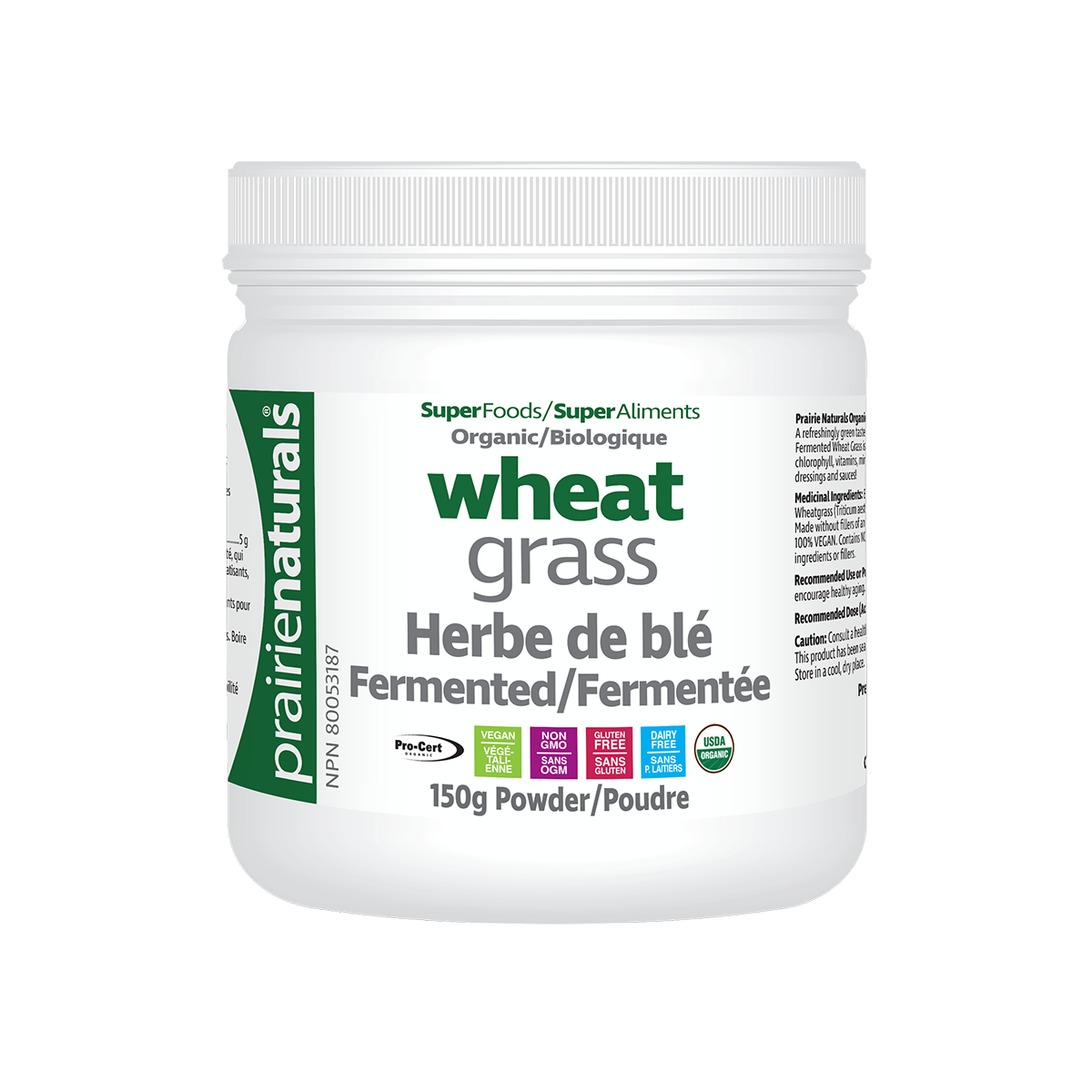 Prairie Naturals Wheat Grass 150g powder bottle with Canadian label