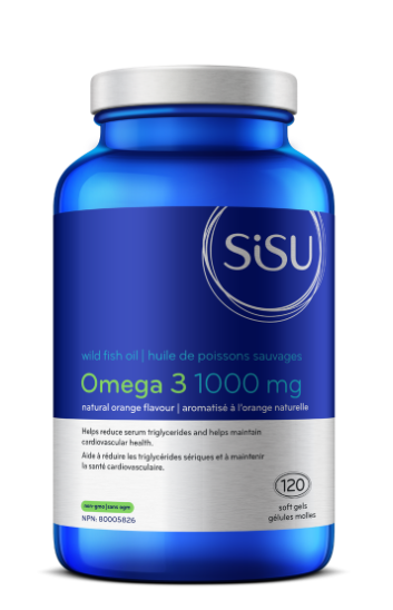 A blue bottle of SISU Omega 3 1000 mg softgels with orange flavor, containing 120 capsules.