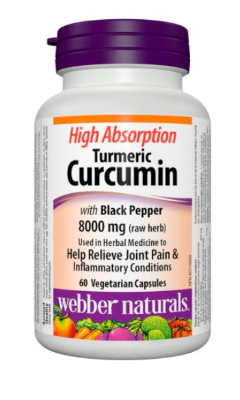 Webber Naturals Turmeric Curcumin High Absorption with Black Pepper 8000 mg (raw herb), 60 vegetarian capsules
