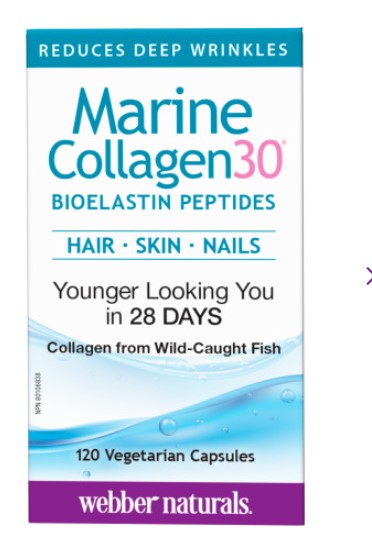 Webber Naturals Marine Collagen30® Bioelastin Peptides 120 Vegetarian Capsules Canadian label