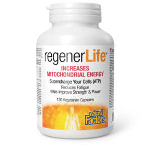 A bottle of Natural Factors RegenerLife, which contains 120 vegetarian capsules for mitochondrial energy.
