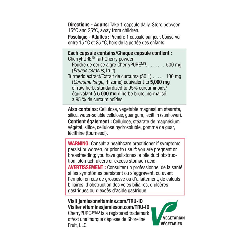 健美生 Jamieson Tart Cherry + Turmeric 30 capsules ingredients panel canadian packaging